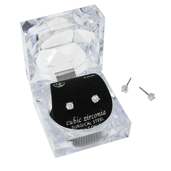 4mm Round Cut Crystal Cubic Zirconia CZ Earrings Clear Box