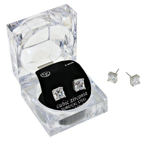 Silver 7 mm Square Crystal Cubic Zirconia CZ Stud Earrings with Clear Box. Beautifully crafted design adds a gorgeous glow to any outfit. Jewelry that fits your lifestyle! Perfect Birthday Gift, Anniversary Gift, Mother's Day Gift, Graduation Gift, Prom Jewelry, Just Because Gift, Thank you Gift, Valentine's Day Gift.