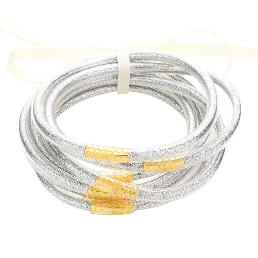 Silver 7PCS Glitter Jelly Tube Bangle Bracelets, are a beautiful & unique collection to your attire to make your look more attractive. Perfect decoration as formal or casual wear at a party, work, or shopping for ladies and girls to wear. The bracelet is filled with enough glitter, it's sparkled in the light. Beautiful bracelets will help you get more compliments on your everyday wear.