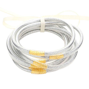 Silver 7PCS Glitter Jelly Tube Bangle Bracelets, are a beautiful & unique collection to your attire to make your look more attractive. Perfect decoration as formal or casual wear at a party, work, or shopping for ladies and girls to wear. The bracelet is filled with enough glitter, it's sparkled in the light. Beautiful bracelets will help you get more compliments on your everyday wear.