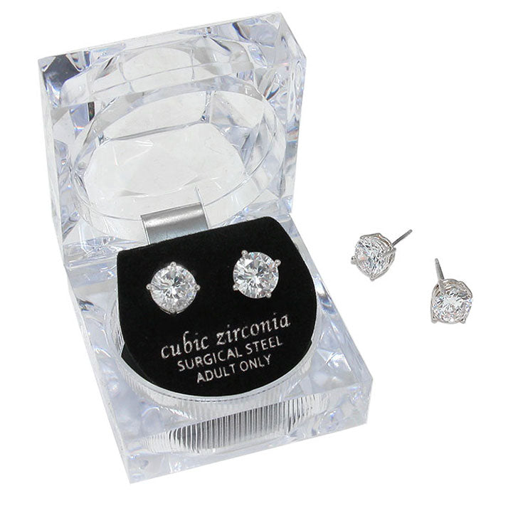 Silver 8 mm Round Cut Crystal Cubic Zirconia CZ Stud Earrings, Classic earrings that every girl needs in her jewelry box. This cubic zirconia earrings are made for you, A stunning  sparkle that captures everyone's attention. They are beautiful, bright and amazing to look at. They are the perfect alternative to real diamonds, they look great and feel great in your ears. Give a touch of casual style to your night out.