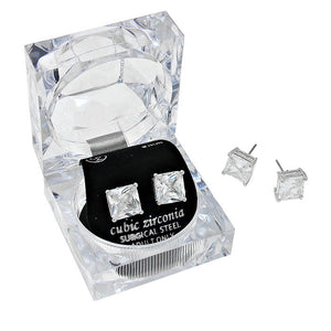 Silver 9 mm Square Crystal Cubic Zirconia CZ Stud Earrings with Clear Box. Look like the ultimate fashionista with these Earrings! Add something special to your outfit this Valentine! special It will be your new favorite accessory. Perfect Birthday Gift, Anniversary Gift, Mother's Day Gift, Graduation Gift, Valentine's Day Gift.