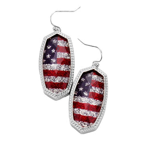 Silver Glitter American USA Flag Hexagon Stone Dangle Earrings USA Earrings; Show your love for the USA, Star pattern for a bit of fashionable fireworks flair. Glitter Stone Hexagon American USA Flag Earrings, great for Independence Day, 4th of July, Memorial Day, Flag Day, Labor Day, Election Day, Veterans Day, President Day