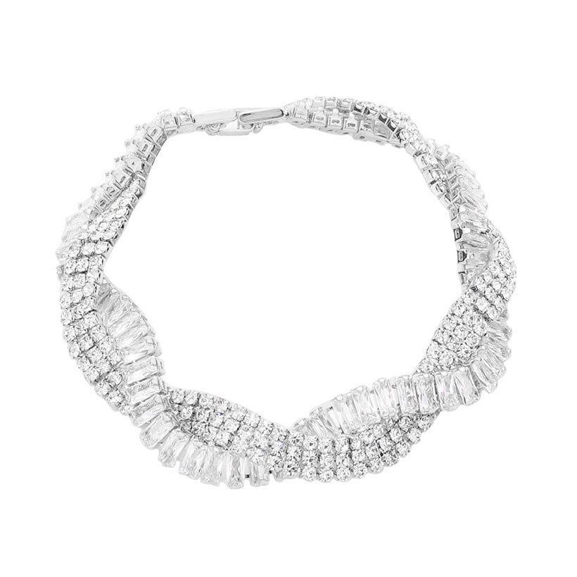 Silver Braided CZ Evening Bracelet. Get ready with these Braided CZ Evening Bracelet, put on a pop of color to complete your ensemble. Perfect for adding just the right amount of shimmer & shine and a touch of class to special events. Perfect Birthday Gift, Anniversary Gift, Mother's Day Gift, Graduation Gift, Prom Jewelry, Thank you Gift.