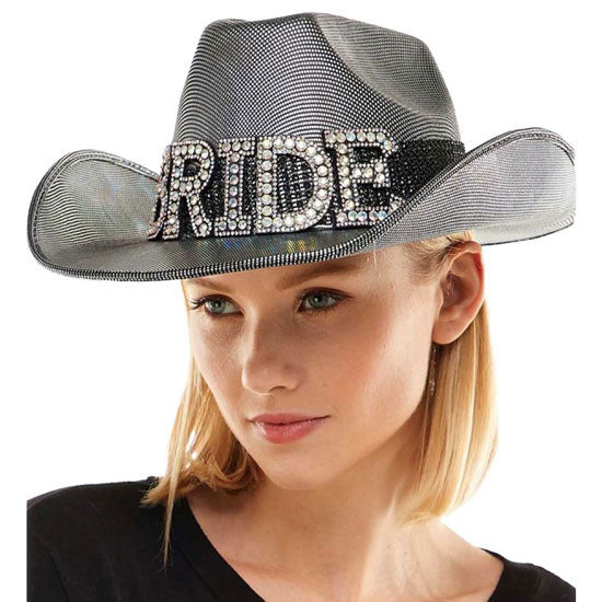 Silver Bride Silver Cowboy Hat. This hat with Bridal Message is Open top design offers great ventilation and heat dissipation. Features a roll-up function; incredibly convenient as it is foldable for easy storage or for taking on the go while traveling. This Summer sun  hat is perfect for walking along the beach, Wedding, hanging by the pool, or any other outdoor activities. 