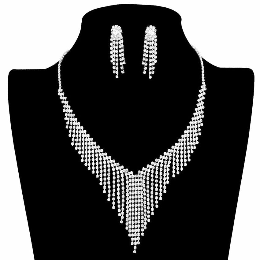 Gold Chevron Accented Rhinestone Pave Fringe Necklace. Get ready with these jewellery sets, put on a pop of shine to complete your ensemble. stunning fringe necklace will sparkle all night long making you shine out like a diamond. Perfect for adding just the right amount of shimmer and a touch of class to special events. These classy necklaces are perfect for Party, Wedding and Evening. Awesome gift for birthday, Anniversary, Valentine’s Day or any special occasion.