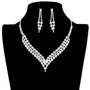 Silver Chevron Accented Rhinestone Pave Necklace, Get ready with these jewelry sets and put on a pop of shine to complete your ensemble. The elegance of these rhinestones goes unmatched, great for wearing at a party! Stunning Pave necklace will sparkle all night long making you shine like a diamond. Perfect for adding just the right amount of shimmer and a touch of class to special events.