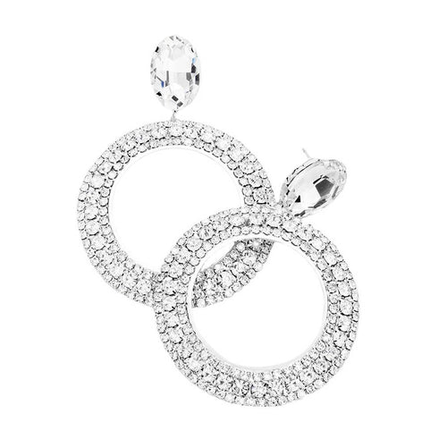 Crystal Rhinestone Open Circle Dangle Evening Earrings - Silver
