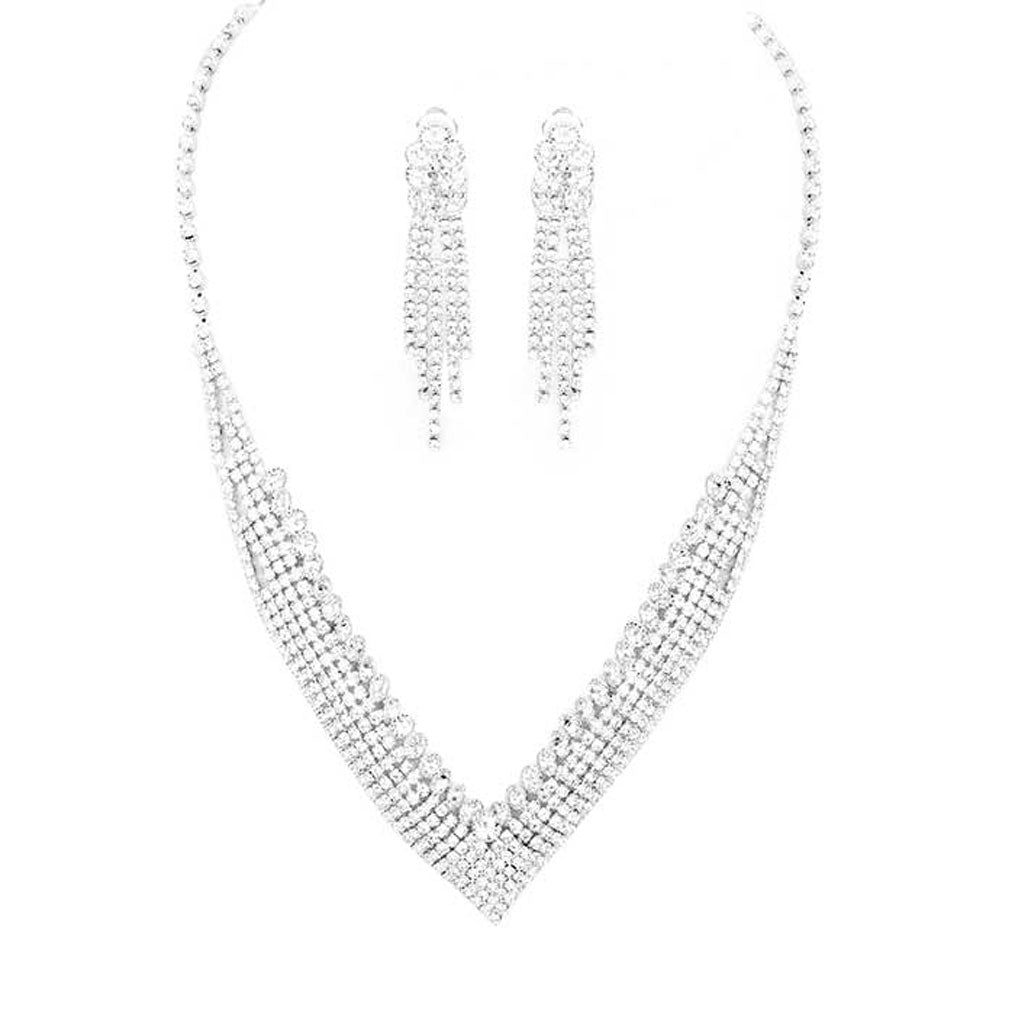 Silver Crystal Rhinestone Pave Collar Necklace Clip on Earring Set. Stunning jewelry set will sparkle all night long making you shine out like a diamond. Perfect for adding just the right amount of shimmer & shine and a touch of class to special events. Suitable for a night out on the town or a black tie party, Perfect Gift, Birthday, Anniversary, Prom, Mother's Day Gift, Sweet 16, Wedding, Quinceanera, Bridesmaid.