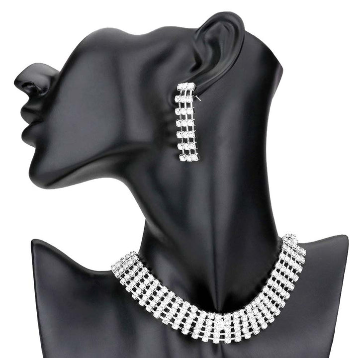 Silver Crystal rhinestone choker evening necklace, These gorgeous crystal jewelry sets will show your perfect beauty & class on any special occasion. The elegance of these stones goes unmatched. Great for wearing at a party! Perfect for adding just the right amount of glamour and sophistication to important occasions. These classy rhinestone choker jewelry sets are perfect for parties, weddings, and evenings