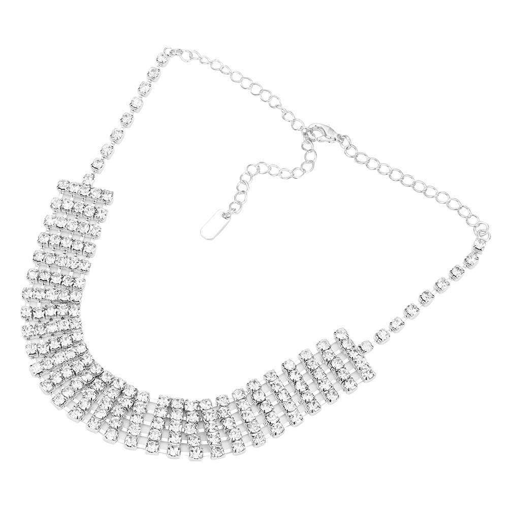 Silver Crystal rhinestone choker evening necklace, These gorgeous crystal jewelry sets will show your perfect beauty & class on any special occasion. The elegance of these stones goes unmatched. Great for wearing at a party! Perfect for adding just the right amount of glamour and sophistication to important occasions. These classy rhinestone choker jewelry sets are perfect for parties, weddings, and evenings