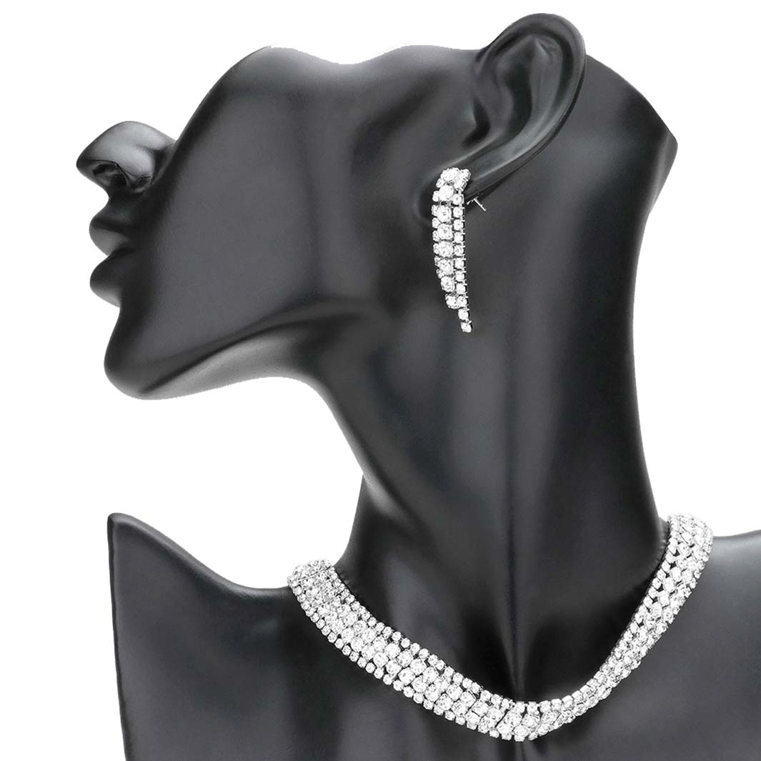Silver Embellished Crystal Rhinestone Accented Choker Necklace, These gorgeous rhinestone jewelry sets will show your class on any special occasion. The elegance of this crystal jewelry set goes unmatched, great for wearing at a party! Perfect for adding just the right amount of shimmer & shine and a touch of class everywhere. Stunning jewelry set will sparkle all night long making you shine like a diamond.