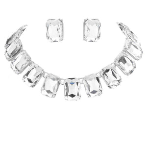Silver Emerald Cut Stone Link Evening Necklace, This gorgeous necklace jewelry set will show your class on any special occasion. The elegance of these stones goes unmatched, great for wearing at a party! stunning jewelry set will sparkle all night long making you shine like a diamond on special occasions. Perfect jewelry to enhance your look and for wearing at parties, weddings, date nights, or any special event. 