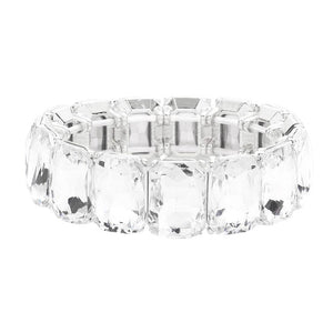 Silver Emerald Cut Stone Stretch Evening Bracelet, These gorgeous Emerald Cut Stone pieces will show your class on any special occasion. Eye-catching sparkle, the sophisticated look you have been craving for! These bracelets are perfect for any event whether formal or casual or for going to a party or special occasion.