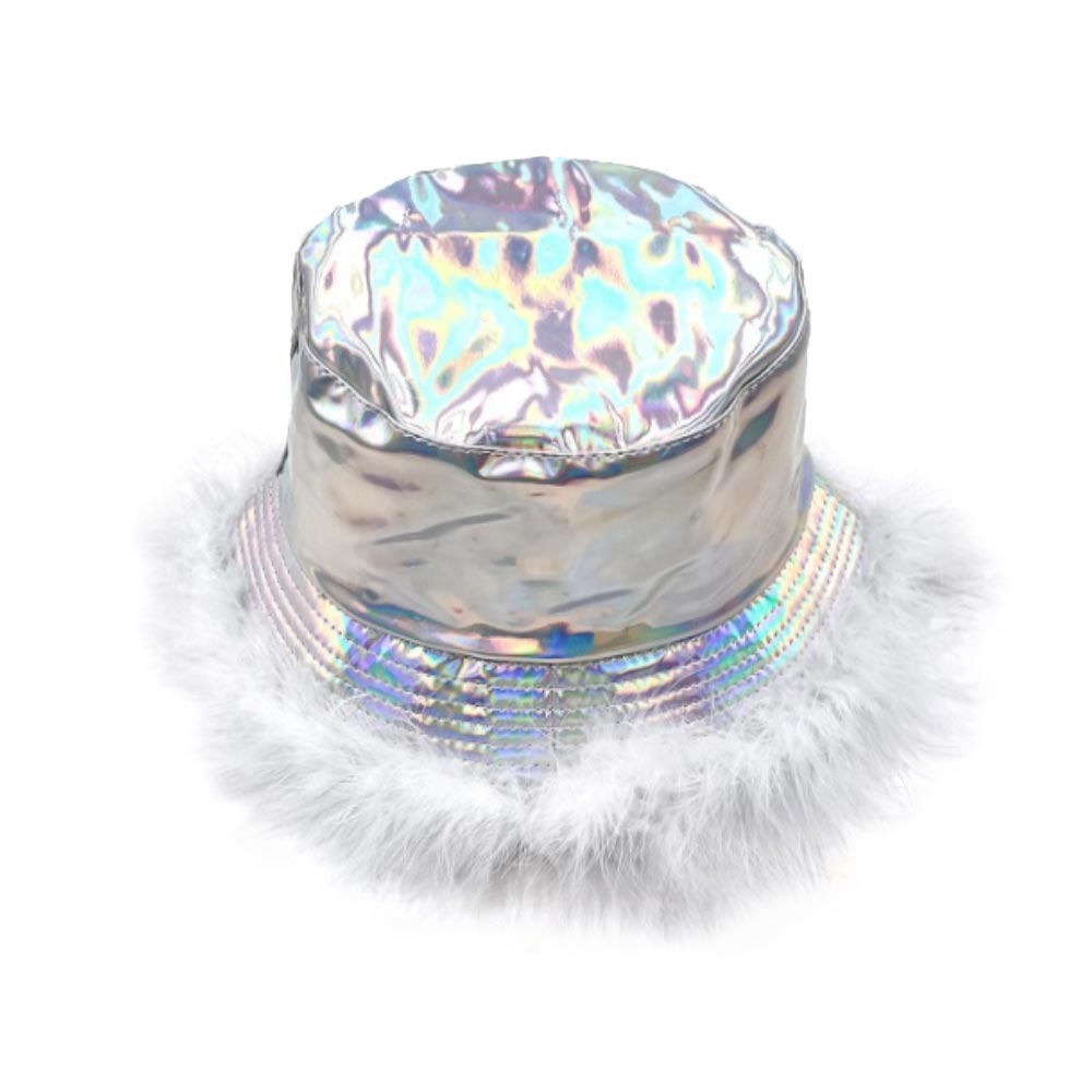 Silver Faux Fur Trimmed Hologram Bucket Hat, From daily life to holidays, this super stylish bucket hat's cozy fabric will keep you looking great and feeling warm. It's elegant, comfortable, and fashionable. This trimmed bucket hat is to be a great Christmas gift for women, ladies, and girls. A wide range of colors lets you choose your favorite one or you can pick several colors to go with your clothes! Suitable for winter, spring, and autumn.