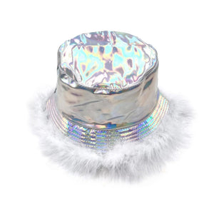 Silver Faux Fur Trimmed Hologram Bucket Hat, From daily life to holidays, this super stylish bucket hat's cozy fabric will keep you looking great and feeling warm. It's elegant, comfortable, and fashionable. This trimmed bucket hat is to be a great Christmas gift for women, ladies, and girls. A wide range of colors lets you choose your favorite one or you can pick several colors to go with your clothes! Suitable for winter, spring, and autumn.