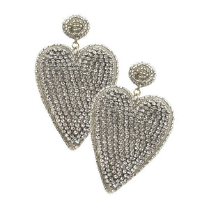 Silver Felt Back Rhinestone Seed Beaded Heart Dangle Earrings, These gorgeous Rhinestone pieces will show your class on any special occasion. Take your love for accessorizing to a new level of affection with these seed-beaded heart-dangle earrings. Wear these lovely earrings to make you stand out from the crowd & show your trendy choice this valentine.