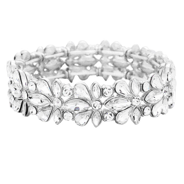 Clear Gold Floral Crystal Stretch Evening Bracelet, This flower detailed Crystal stunning stretch bracelet is sure to get you noticed, adds a gorgeous glow to any outfit. Jewelry that fits your lifestyle! perfect for a night out on the town or a black tie party, ideal for Special Occasion, Prom or an Evening out. Awesome gift for birthday, Anniversary, Valentine’s Day or any special occasion.