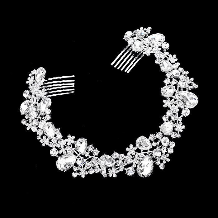 Silver Floral Pave Glass Crystal Hair Comb, Crystal Flower Detailed Glass Pave Accented Statement Hair Comb, Perfect for adding just the right amount of shimmer & shine, will add a touch of class, beauty and style to your wedding, prom, special events, embellished glass crystal to keep your hair sparkling all day & all night long. 