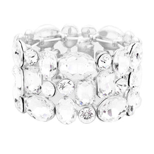 Silver Glass Crystal Stretch Evening Bracelet. This Evening Bracelet sparkles all around with it's surrounding round stones, stylish evening bracelet that is easy to put on, take off and comfortable to wear. It looks stylish and is just the right touch to set off your dress. Suitable for Night Out, Party, Formal, Special Occasion, Date Night, Prom.