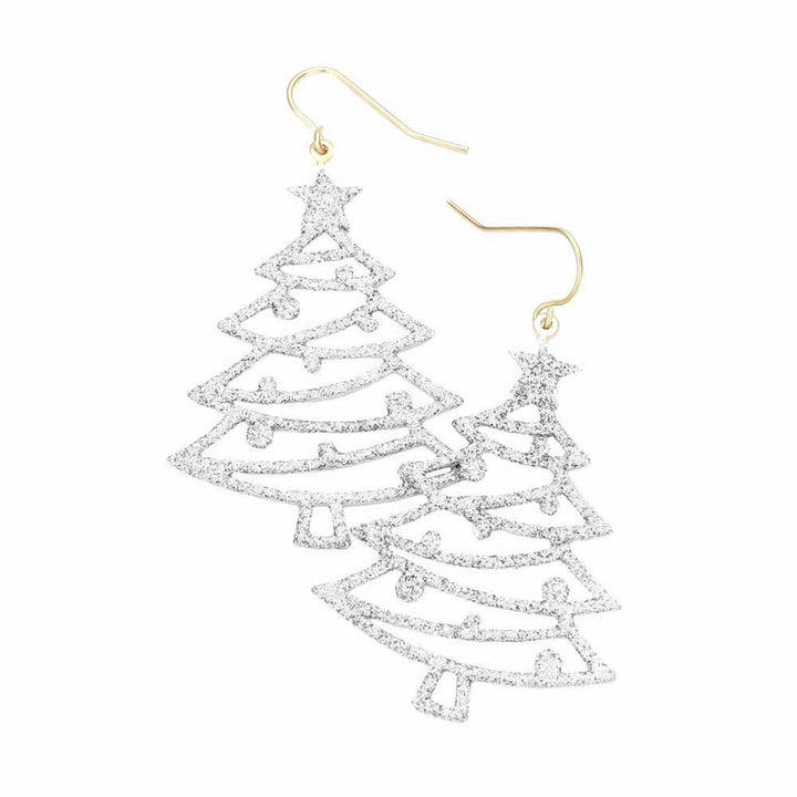 Silver Glitter Christmas Tree Dangle Earrings. Beautifully crafted design adds a gorgeous glow to any outfit. Carry the spirit of Christmas with you wherever you go.  Perfect Birthday Gift, Anniversary Gift, Mother's Day Gift, Anniversary Gift, Graduation Gift, Prom Jewelry, Just Because Gift, Thank you Gift.