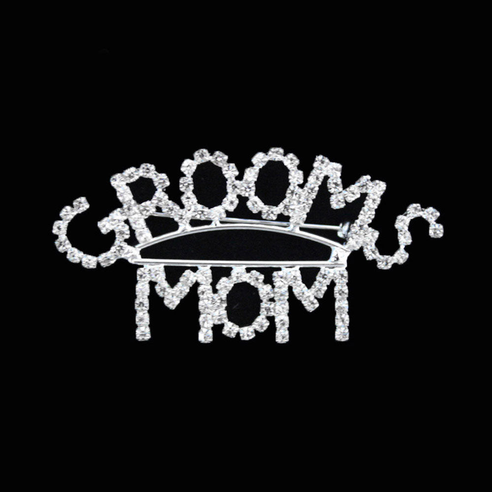 Silver Grooms Mom Rhinestone Pin Brooch, let mom stand out and feel special with this stylish pin brooch. Everyone will know who the proud mother is when wearing this stunner! The stunning brooch is embellished with rhinestones making up the words groom's mom.  This kind of brooch is sparkling and unique. It will help you create a perfect impression on any occasion. Easy to match your scarf, bag, sweater, dress, etc.