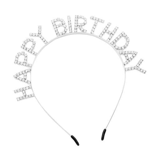 Happy Birthday Crystal Rhinestone Headband - Silver