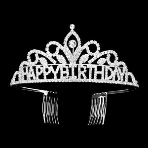 Silver Happy Birthday Message Rhinestone Princess Tiara, Turn any cake into a royal treat for your daughter's princess birthday party with this princess Tiara. Add a magical touch to any woman at her birthday party by wearing this princess tiara. She will be instantly transformed into a fairytale princess at a Birthday party.
