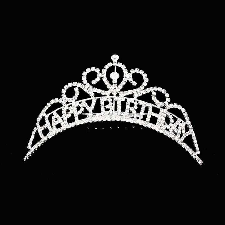 Silver Happy Birthday Rhinestone Party Tiara. Turn any cake into a royal treat for your daughter's princess themed birthday party with this Tiara. Ideal for dolling up the guest of honor on her special day, this party tiara also makes a fun cake decoration. Add it to a gift for the birthday girl or lay it at her place setting to be donned right before she blows out the candles on her birthday cake.