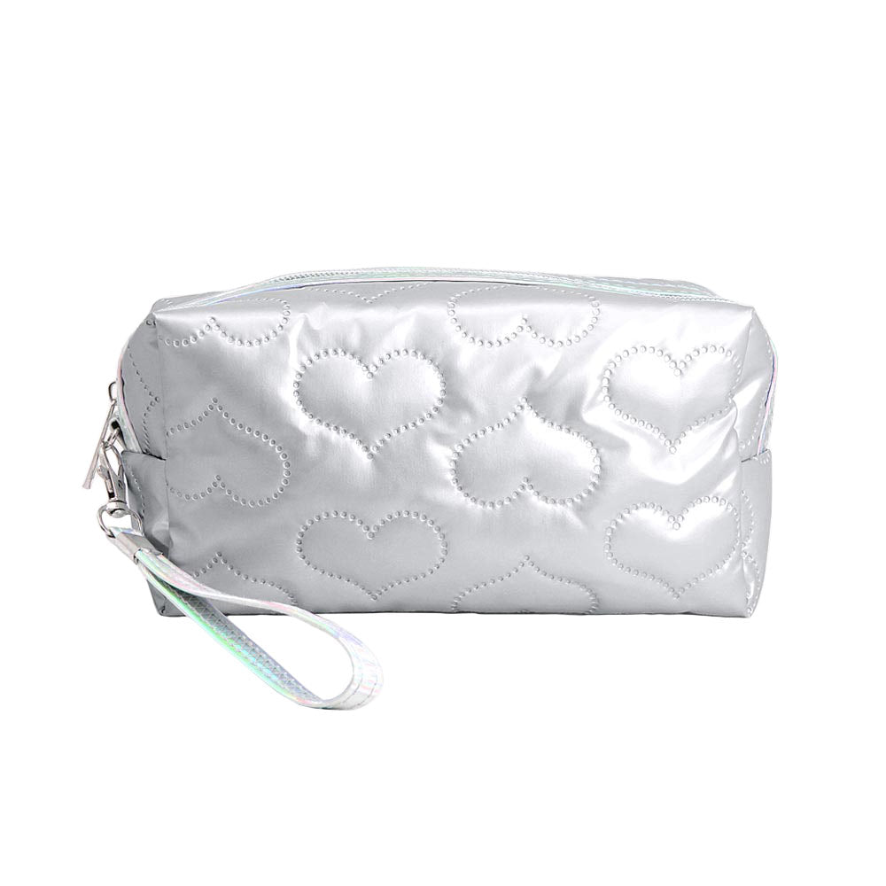 Silver Heart Patterned Shiny Puffer Pouch Bag, Small Colorful Heart Patterned Pouch Bag, perfect for money, credit cards, keys or coins, comes with a wristlet for easy carrying, light and simple. Put it in your bag and find it quickly with it's bright colors. Great for running small errands while keeping your hands free. 