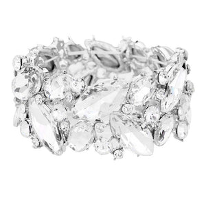 Silver Marquise Crystal Stretch Evening Bracelet, this Bracelet sparkles all around with it's surrounding round stones. It looks modern and is just the right touch to set off LBD. Jewelry offers a wide variety of exquisite jewelry for your Party, Prom, Pageant, Wedding, Sweet Sixteen, and other Special Occasions!