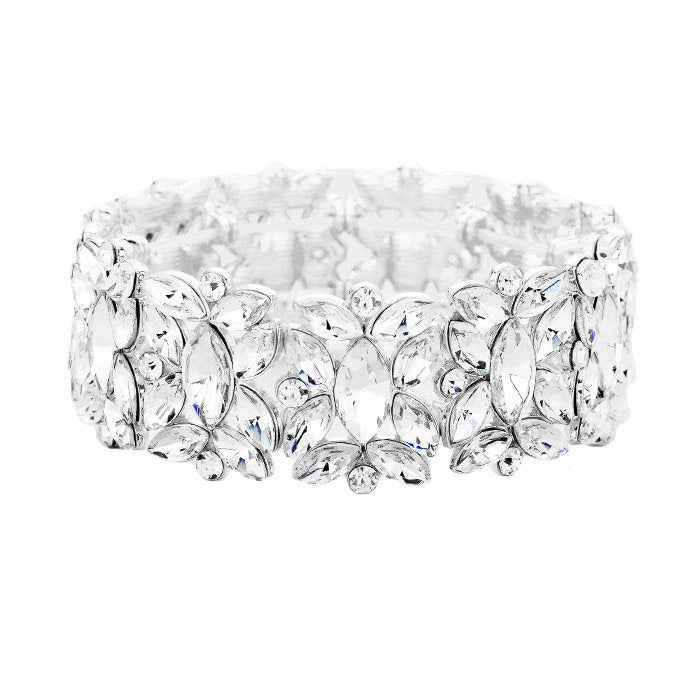 Silver Marquise Floral Oval Crystal Cluster Stretch Evening Bracelet, abaolutely gorgeous and glitters on your earlobs to make you stand out. It looks so pretty, brightly and elegant at any special occasion. This Crystal Cluster Bracelets designed to be trendy fashion statement. These Bracelets bangle are perfect for any occasion whether formal or casual or for going to a party or special occasions. Perfect gift for birthday, Valentine’s Day, Party, Prom.