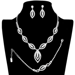 Silver Marquise Rhinestone Necklace Jewelry Set. Stunning jewelry sets suits any style and occasion wear over your favorite tops and dresses this season!  Adds the perfect accent to your wardrobe. A timeless treasure designed to accent the neckline adds a gorgeous stylish glow to any outfit style, jewelry that fits your lifestyle! This rhinestone jewelry set piece is versatile and goes with practically anything! A fabulous gift, ideal for your loved one or yourself.