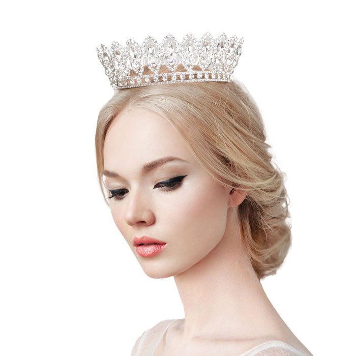 Silver Marquise Stone Accented Pageant Crown Tiara, this tiara features precious stones and an artistic design. Makes You More Eye-catching in the Crowd. Suitable for Wedding, Engagement, Prom, Dinner Party, Birthday Party, Any Occasion You Want to Be More Charming.