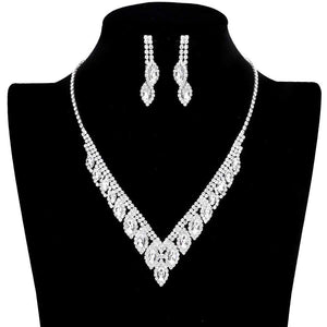 Silver Marquise Stone Accented Rhinestone Necklace. These gorgeous Rhinestone pieces will show your class on any special occasion. The elegance of these rhinestones goes unmatched, great for wearing at a party! Perfect for adding just the right amount of glamour and sophistication to important occasions.