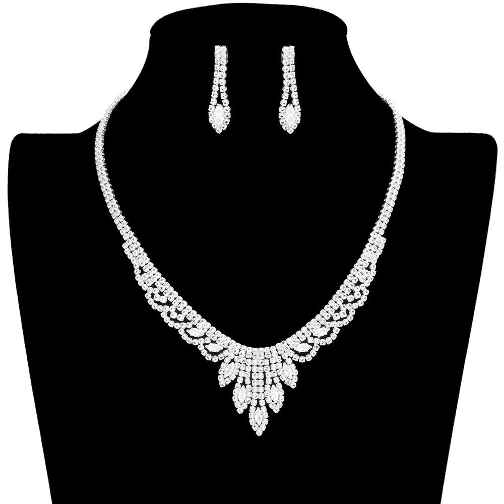 Silver Marquise Stone Accented Rhinestone Necklace, These gorgeous marquise stone-accented jewelry sets will show your perfect beauty & class on any special occasion. The elegance of these stones goes unmatched. Great for wearing at a party! Perfect for adding just the right amount of glamour and sophistication to important occasions. These classy marquise rhinestone jewelry sets are perfect for parties, weddings, and evenings.