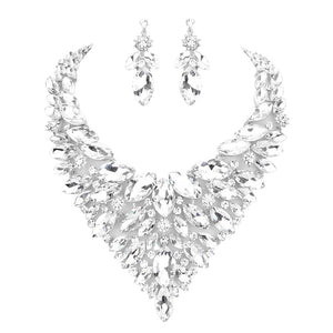 Silver Marquise Stone Cluster Statement Evening Necklace, These gorgeous marquise stone cluster jewelry sets will show your perfect beauty & class on any special occasion. The elegance of these stones goes unmatched. Great for wearing at a party, wedding, wedding showers, birthdays, prom, graduation, anniversaries, etc. Perfect for adding just the right amount of glamour and sophistication to important occasions.