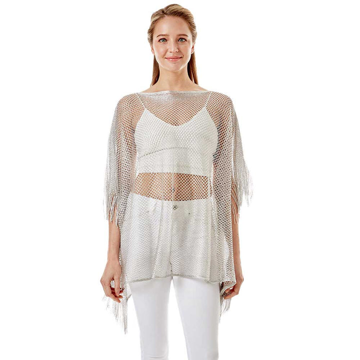 Silver Metallic Net Cover Up Fringes Poncho, This timeless Fringes Poncho is Soft, Lightweight and Breathable Fabric, Close to Skin, Comfortable to Wear. Sophisticated, flattering and cozy, this Poncho drapes beautifully for a relaxed, pulled-together look. Suitable for Weekend, Work, Holiday, Beach, Party, Club, Night, Evening, Date, Casual and Other Occasions in Spring, Summer and Autumn.