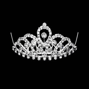 Silver Mini Crystal Rhinestone Pave Princess Tiara, this crystal rhinestone tiara is a classic royal tiara made from gorgeous rhinestone that reveals the epitome of elegance and bridal luxury, and grace. This unique Hair Jewelry is suitable for any special occasion such as weddings, engagements, proms, evenings, It is the perfect compliment that will make your whole wedding dress look come to life. Show your royalty with this Princess Tiara.