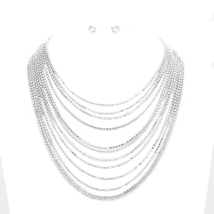 Silver Multi Layered Rhinestone Bib Evening Necklace, get ready with this Evening Necklace to receive the best compliments on any special occasion. Put on a pop of color to complete your ensemble and make you stand out on special occasions. Awesome gift for birthdays, anniversaries, Valentine’s Day, or any special occasion.