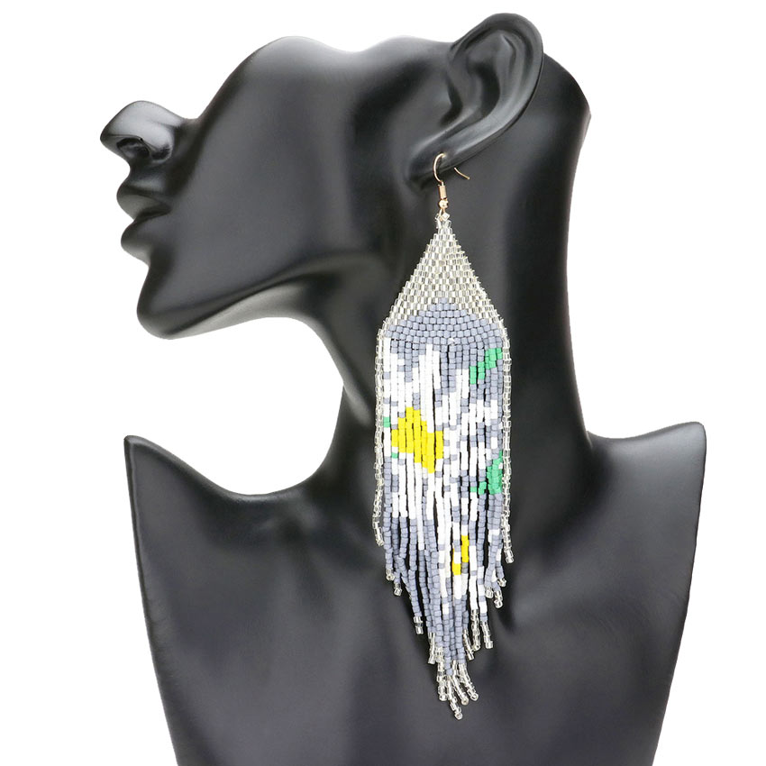 Silver Multi Pattern Detailed Beaded Fringe Dangle Earrings, Pattern Detailed Beaded fringe dangle earrings are fun handcrafted jewelry that fits your lifestyle, adding a pop of pretty multi-color. These fringe-themed earrings are perfect for an anniversary gift, birthday gift, or valentine's day gift for an of any age.