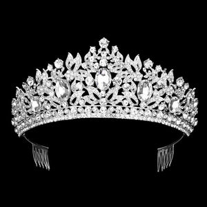 Silver Oval Stone Accented Leaf Cluster Princess Tiara, This cluster princess tiara is a classic royal tiara made from gorgeous oval stone accented is the epitome of elegance. Exquisite design with stunning color and brightness makes you more eye-catching in the crowd and will make you more charming and pretty without fail. 