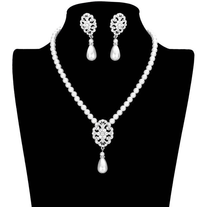 Silver Pearl Accented Rhinestone Embellished Metal Link Necklace, stunning jewelry set will sparkle all night long making you shine like a diamond on special occasions. Wear together or separate according to your event with different outfits to add perfect luxe and class with incomparable beauty. Simple sophistication makes a stand-out addition to your collection designed to accent the neckline and add a gorgeous stylish glow to any special outfit in style.