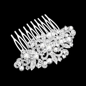 Silver Pearl Accented Rhinestone Pave Hair Comb, amps up your hairstyle with a glamorous look as you are with this flower & leaf Rhinestone pave hair comb! Add spectacular sparkle into your hair that brightens your moments with joy. Perfect for adding just the right amount of shimmer & shine. It will add a touch of class, beauty, and style to your wedding, prom, and special events. It is made of Pearl Accented Rhinestone pave to keep your hair sparkling all day & all night