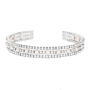 Silver Pearl Accented Split Rhinestone Cuff Evening Bracelet, Rows of dazzling rhinestones & Pearls set into a colored metal band & an open end for an easy flexible fit. Look as regal on the outside as you feel on the inside,  Stylish cuff bracelet that is easy to put on, take off. Perfect gift for your loved one.