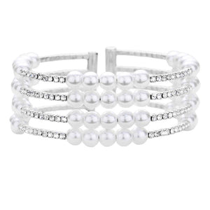 Silver Pearl Crystal Rhinestone Statement Cuff Evening Bracelet; Look as regal on the outside as you feel on the inside, feel absolutely flawless. Fabulous fashion and sleek style adds a pop of pretty color to your attire, coordinate with any ensemble from business casual to everyday wear