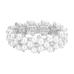 Silver Pearl Flower Cluster Link Stretch Bracelet, is the perfect reflection of absolute royalty and perfect class that will amp up your look and drags everyone's attention on special occasions. Show your confidence and trendy choice with this beauty and complete your ensemble with a luxurious look. Perfect for adding just the right amount of shimmer & shine and a touch of class to special events.