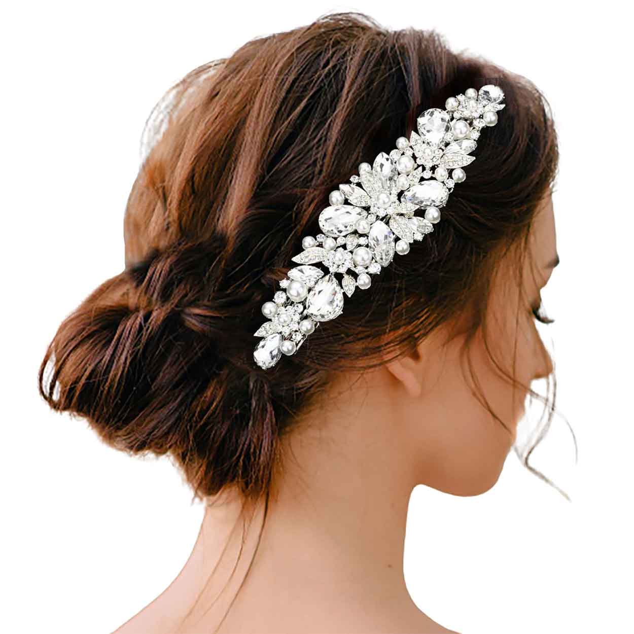 Silver Pearl Multi Stone Embellished Flower Leaf Hair Comb, Perfect for adding just the right amount of shimmer & shine, will add a touch of class, beauty and style to your wedding, prom, special events, embellished pearl stone to keep your hair sparkling all day & all night long. The elegant design will enhance your beauty, attracting everyone's attention and transforming you into a bright star to wear with this hair comb.