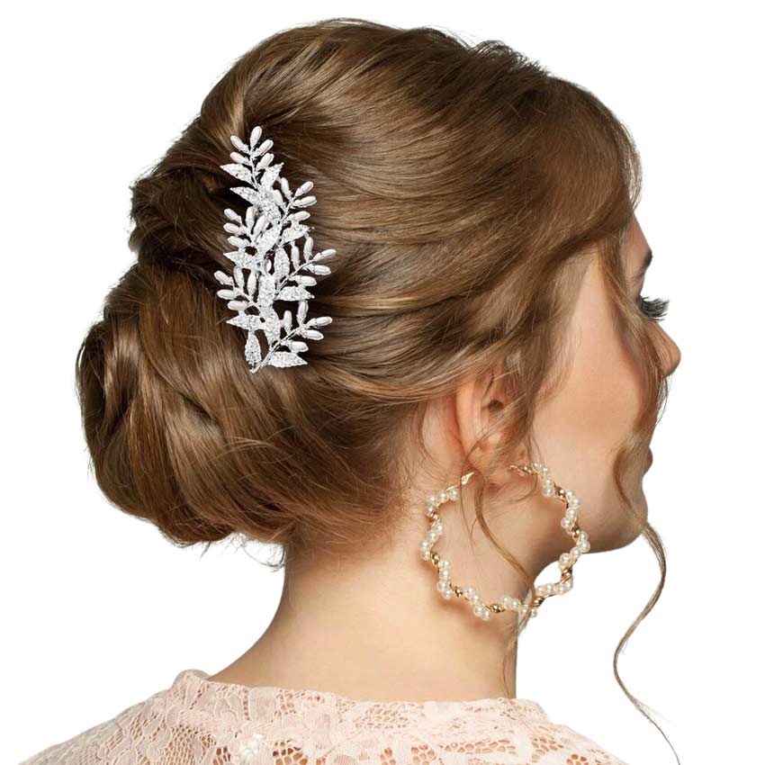 Silver Pearl Rhinestone Embellished Leaf Cluster Hair Comb, amps up your hairstyle with a glamorous look on special occasions with this Pearl Pearl Rhinestone Embellished Leaf Cluster Hair Comb! Perfect for adding just the right amount of shimmer & shine. These are Perfect Birthday, Anniversary Gifts, and Graduation Gifts.