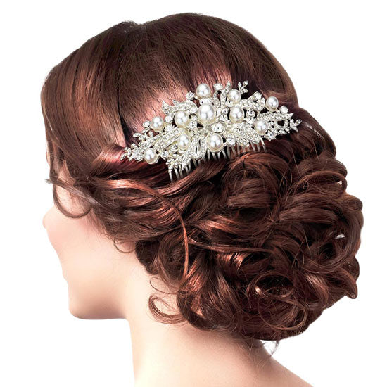 Silver Pearl Stone Embellished Leaf Cluster Hair Comb, amps up your hairstyle with a glamorous look as you are with this flower & leaf stone cluster hair comb! Add spectacular sparkle into your hair that brightens your moments with joy. Perfect for adding just the right amount of shimmer & shine. It will add a touch of class, beauty, and style to your wedding, prom, and special events. 
